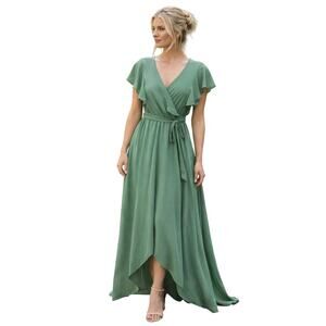 Baltic Born Green Wrap Maxi Dress Ruffle Flutter Sleeve Tie Waist Size M